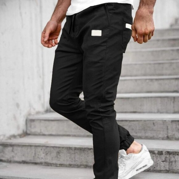 Casual Black Patched Men's Drawstring Pants - Picture 3 of 6